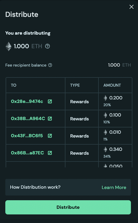 Screenshot of the OVM reward distribution flow showing the principal-threshold control.