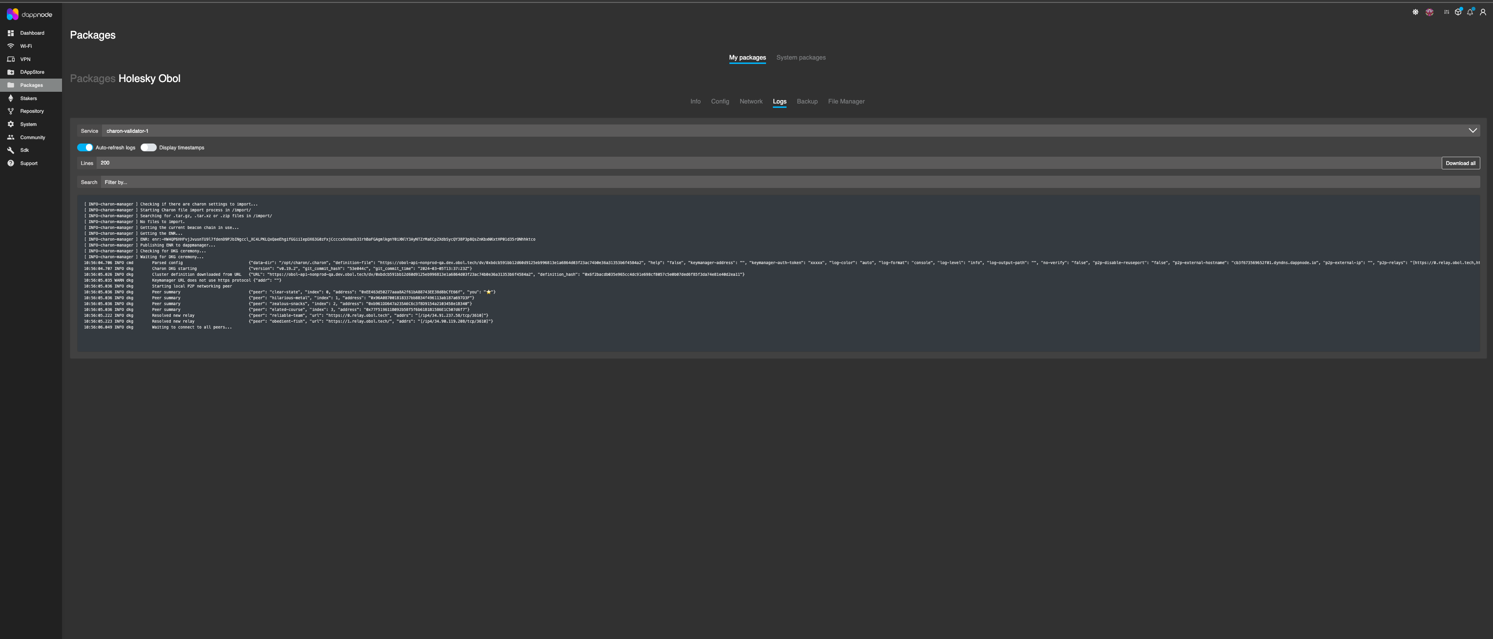 Screenshot: The node is now ready and will attempt to complete the DKG. You can monitor the DKG progress via the 'Logs' tab of the package. Once all clients in the cluster can establish aβ¦