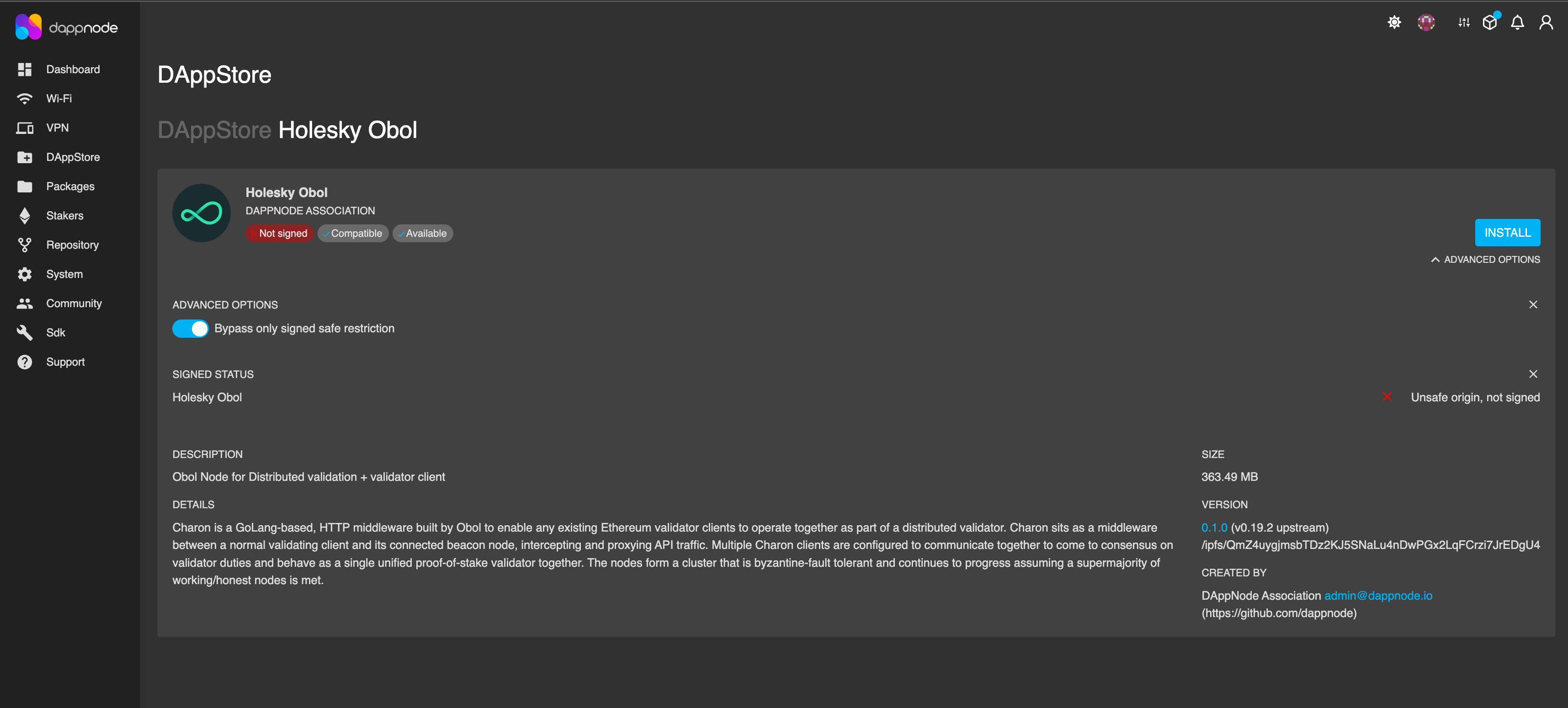 Screenshot: Paste the IPFS hash you copied from Github and click 'Search' (It may take a minute for the package to be found.) You will then be presented with the package installation page.β¦