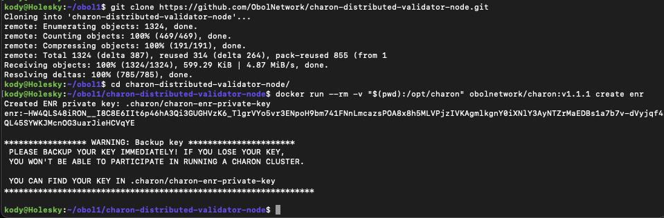 Screenshot: docker run --rm -v "$(pwd):/opt/charon" obolnetwork/charon:v1.11.0 create enr.